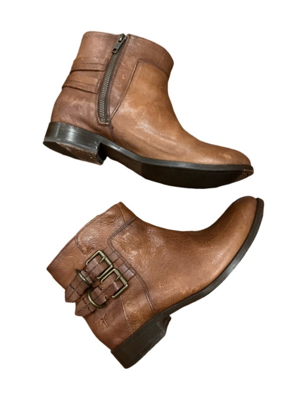 Frye Molly Brown Leather Women’s Ankle Boots - Side Zip & Buckle